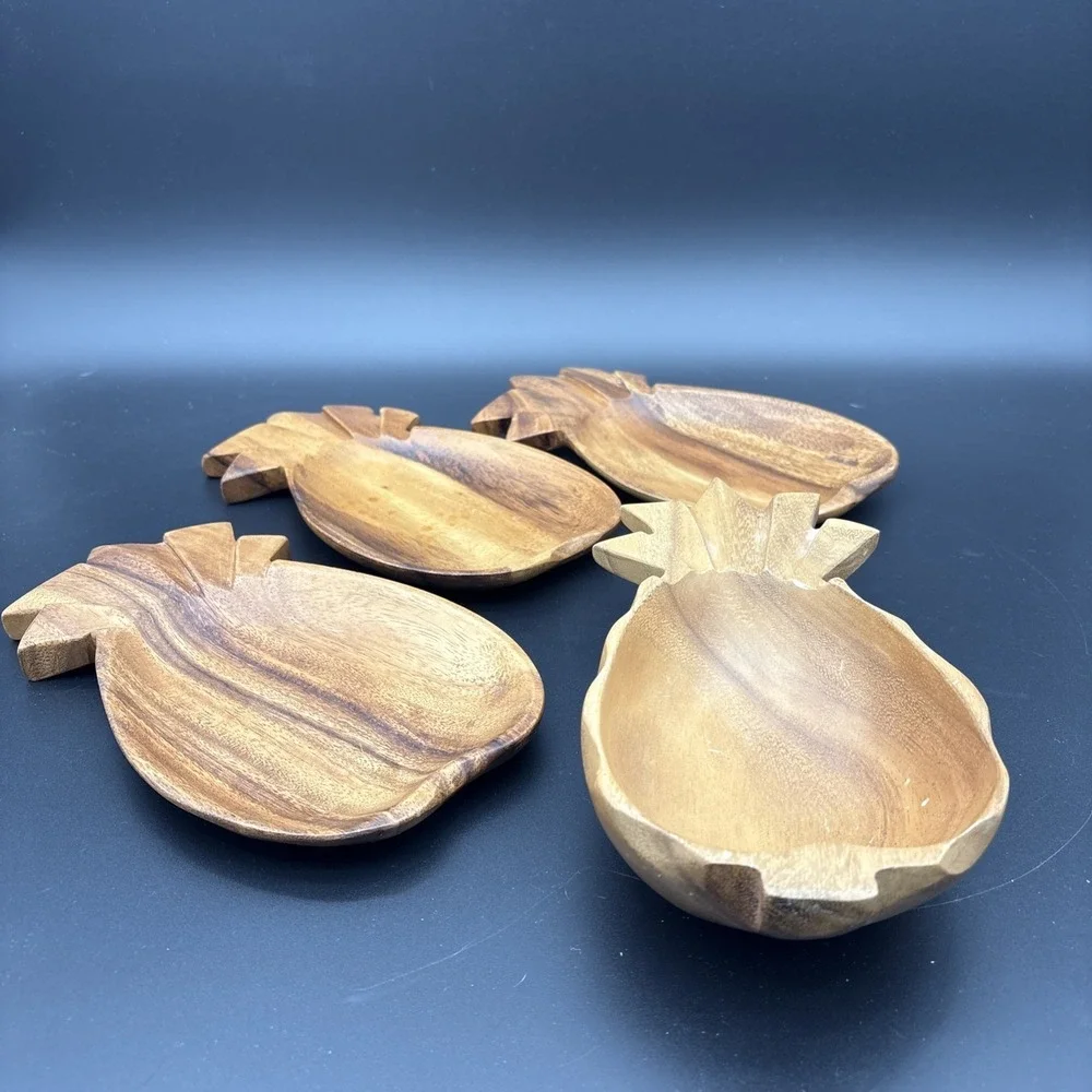 4 Pc Vintage Hawaiian Monkeypod Wood Pineapple Serving Plates & Deep Bowl